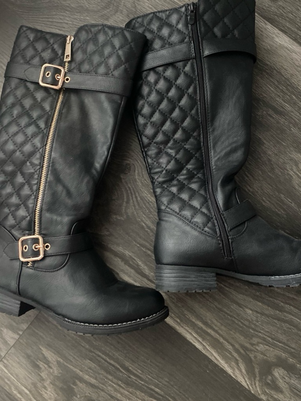 Black Quilted Over-the-Knee Riding Boots with Gold Accents